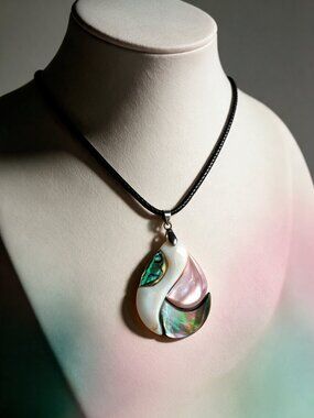 Abalone & Mother of Pearl Artisan Pendant Necklace on Leather Cord